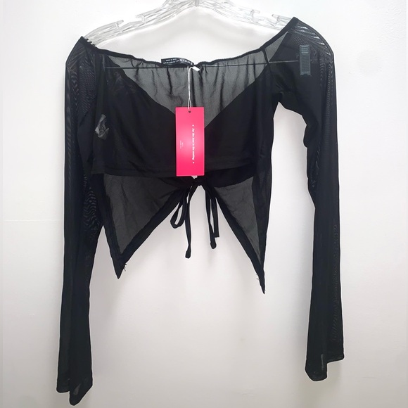 SHEIN Black Sheer Bell Sleeve Crop Top Size Large - Picture 3 of 7